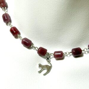Genuine Magenta Chalcedony Short Necklace, Gemstone & Cute Slim Cat Charm
